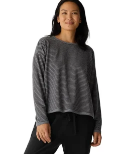 Eileen Fisher Striped Cozy Brushed Terry Round Neck Cropped Box Top Black New