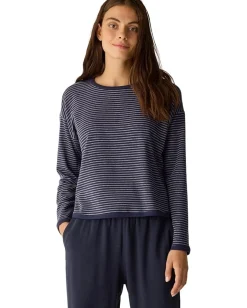 Eileen Fisher Striped Cozy Brushed Terry Round Neck Cropped Box Top Ink Best