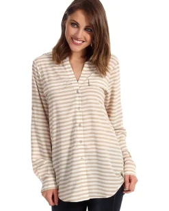 Calvin Klein Striped Crew Roll Sleeve Blouse Latte/Ivry New