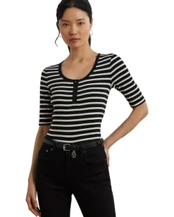Women Lauren Ralph Lauren Striped Elbow-sleeve Henley Top