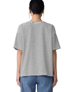 Women Eileen Fisher Striped Organic Cotton Slub Crew Neck Short Sleeve Box Top
