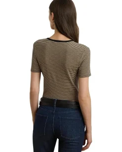 Lauren Ralph Lauren Striped Stretch Cotton Crewneck Tee Black/Birch Tan Clearance