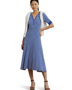 Women Lauren Ralph Lauren Striped Waffle-knit Cotton Henley Dress
