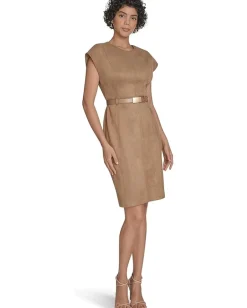Women Calvin Klein Suede Belted Cap Sleeve Sheath