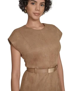 Women Calvin Klein Suede Belted Cap Sleeve Sheath