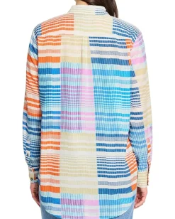 NIC+ZOE Sunset Stripe Cotton Boyfriend Shirt Blue Multi Discount