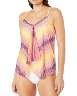 BEACH HOUSE Sunset Stripe Kerry Mesh Layer Tankini Summer Fig Clearance