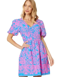 Lilly Pulitzer Suzie Short Sleeve Cotton Dress Aura Pink Leaf An Impression New
