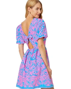 Lilly Pulitzer Suzie Short Sleeve Cotton Dress Aura Pink Leaf An Impression New
