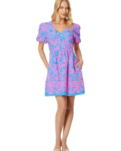 Lilly Pulitzer Suzie Short Sleeve Cotton Dress Aura Pink Leaf An Impression New