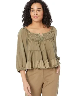 Lucky Brand Textured Long Sleeve Top Deep Lichen Green New