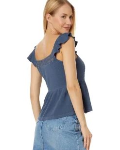 Lucky Brand Textured Yoke Peplum Tank Dark Denim