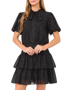 CeCe Tie Neck Ruffled Tier Mini Dress Rich Black Clearance