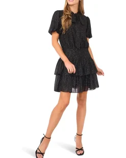 CeCe Tie Neck Ruffled Tier Mini Dress Rich Black Clearance