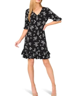 CeCe Tiered Ruffle 3/4 Sleeve Shift Dress Rich Black New
