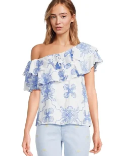 Lilly Pulitzer Trixie One Shoulder Ruffle Sunwashed Blue Al Fresco Dot Embroidery Sale