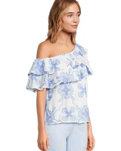 Lilly Pulitzer Trixie One Shoulder Ruffle Sunwashed Blue Al Fresco Dot Embroidery Sale