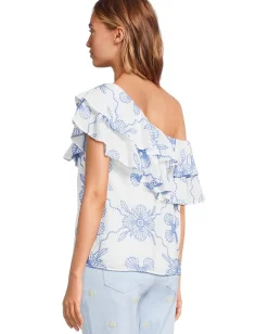 Lilly Pulitzer Trixie One Shoulder Ruffle Sunwashed Blue Al Fresco Dot Embroidery Sale