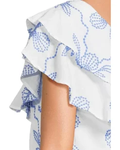Lilly Pulitzer Trixie One Shoulder Ruffle Sunwashed Blue Al Fresco Dot Embroidery Sale