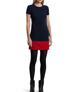 Women Lauren Ralph Lauren Two-Tone Button-Trim Crepe Shift Dress