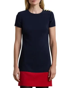 Women Lauren Ralph Lauren Two-Tone Button-Trim Crepe Shift Dress