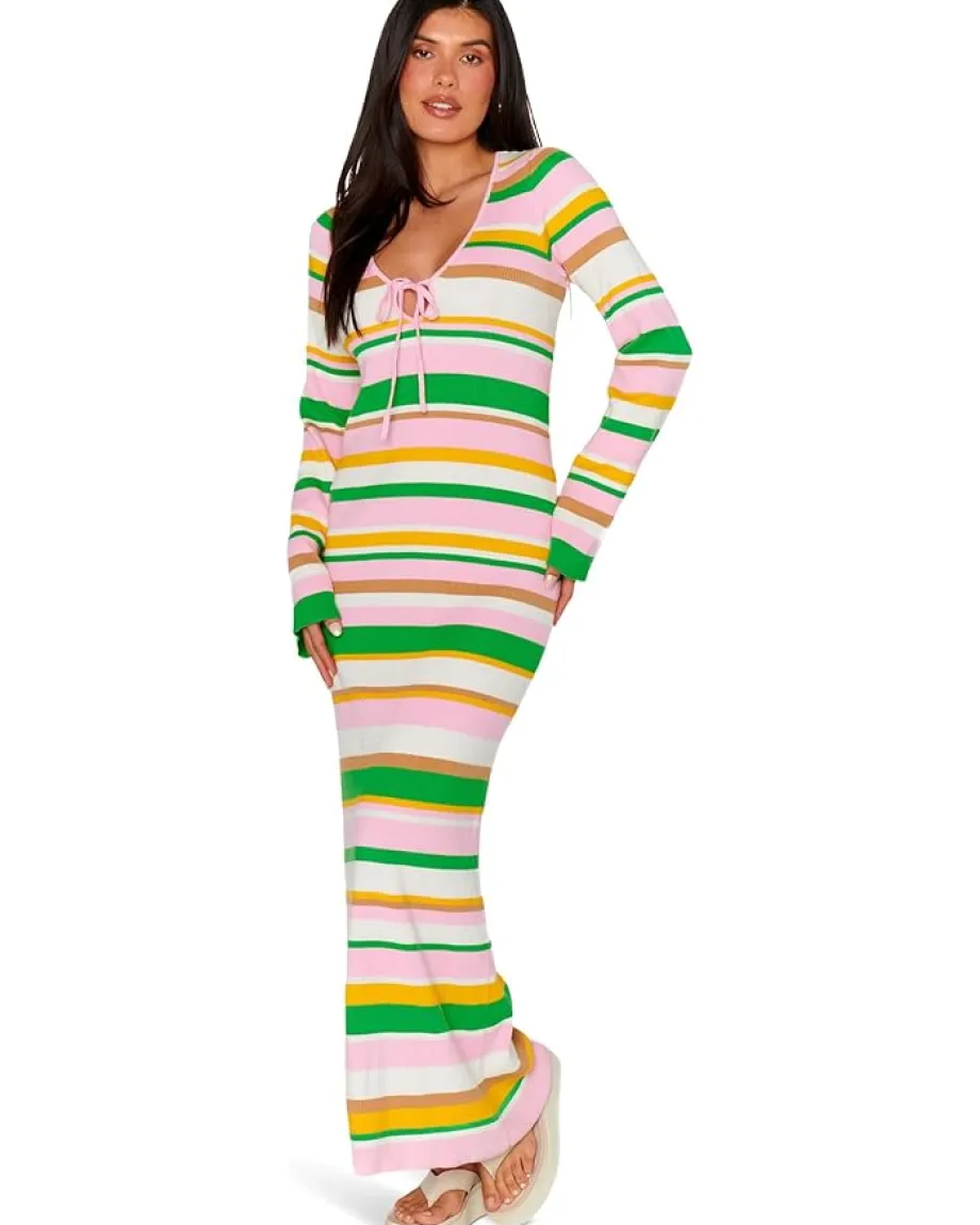 Show Me Your Mumu Vacay Maxi Dress Multi Rib Knit Hot