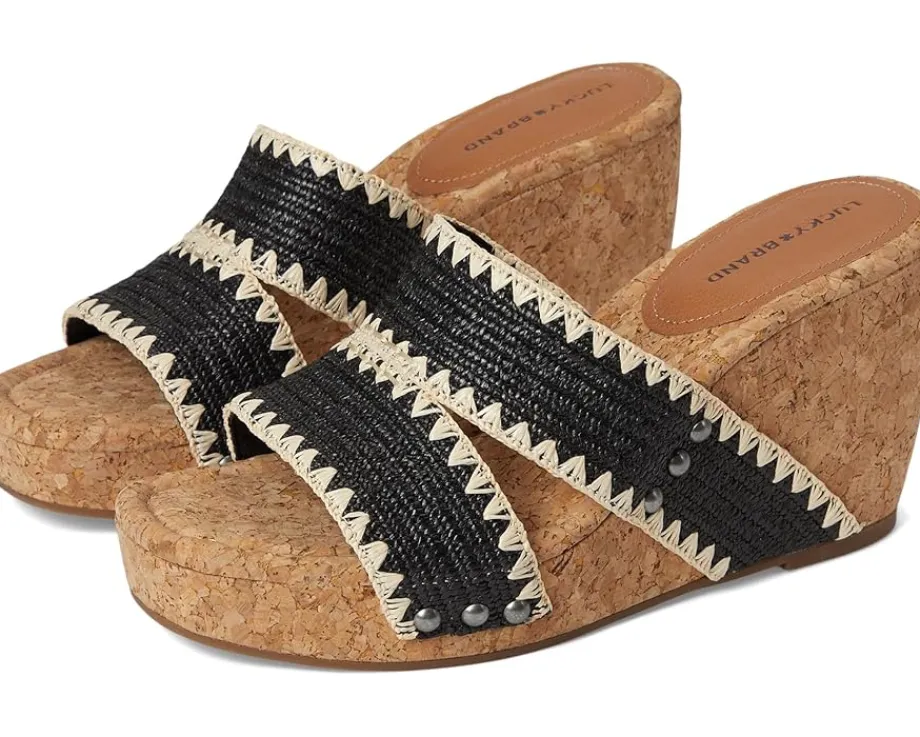 Lucky Brand Vickta Woven Band Cork Wedge Sandals Black Discount