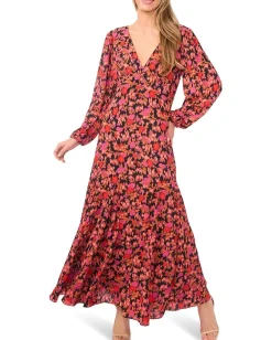 Women CeCe V-Neck Balloon Sleeve Printed Maxi Dress