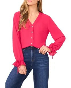 Women CeCe V-Neck Button Front Long Sleeve Top