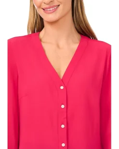 Women CeCe V-Neck Button Front Long Sleeve Top