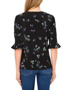 Women CeCe V-Neck Elbow Ruffled Sleeve Knit Top