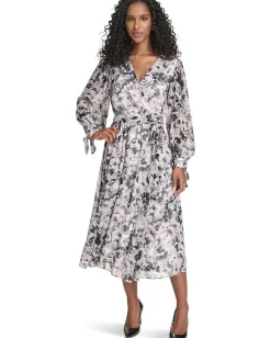 Women Calvin Klein V-Neck Long Sleeve Chiffon Midi