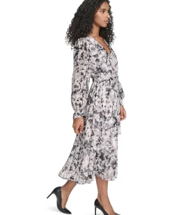 Women Calvin Klein V-Neck Long Sleeve Chiffon Midi