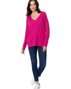 bobi Los Angeles V-Neck Long Sleeve Princess Seam Rib Mix Tee Dragonfruit Discount