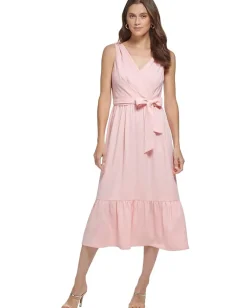 DKNY V-Neck Ruffle Hem Midi Dress Blossom/Cream Hot