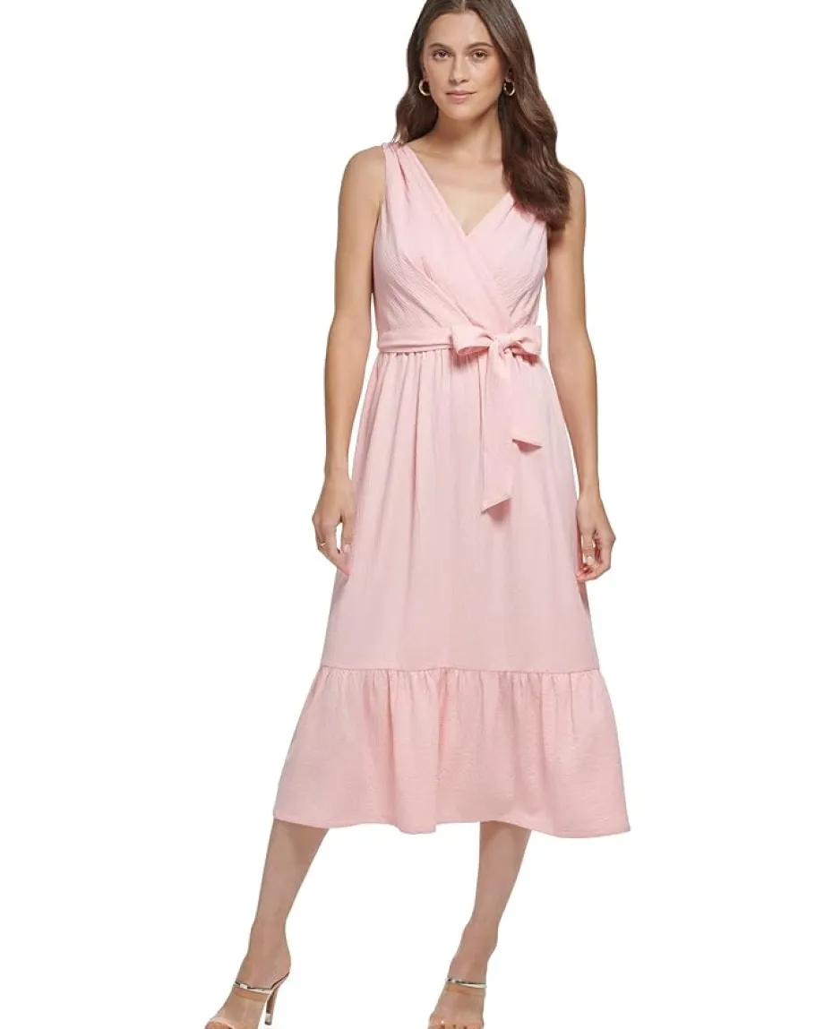 DKNY V-Neck Ruffle Hem Midi Dress Blossom/Cream Hot