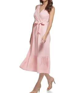 DKNY V-Neck Ruffle Hem Midi Dress Blossom/Cream Hot