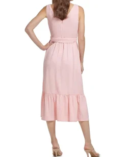 DKNY V-Neck Ruffle Hem Midi Dress Blossom/Cream Hot