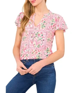 Women CeCe V-Neck Shirred Flutter Sleeve Blouse