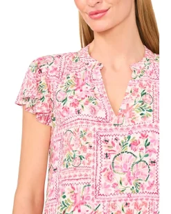 Women CeCe V-Neck Shirred Flutter Sleeve Blouse