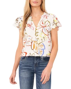 Women CeCe V-Neck Shirred Flutter Sleeve Blouse