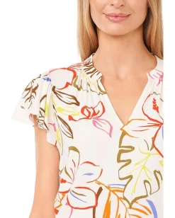 Women CeCe V-Neck Shirred Flutter Sleeve Blouse