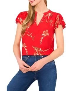 Women CeCe V-neck Shirred Neck Flutter Sleeve Blouse