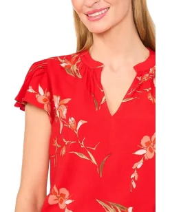 Women CeCe V-neck Shirred Neck Flutter Sleeve Blouse