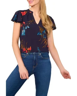 Women CeCe V-neck Shirred Neck Flutter Sleeve Blouse