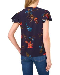 Women CeCe V-neck Shirred Neck Flutter Sleeve Blouse