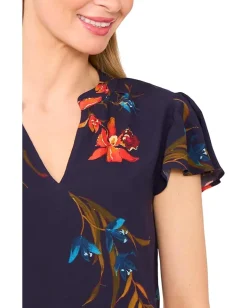 Women CeCe V-neck Shirred Neck Flutter Sleeve Blouse