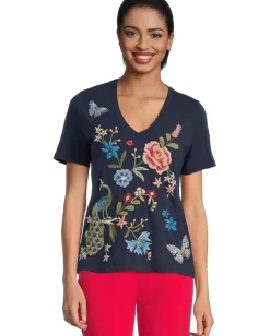 Johnny Was V-neck Short Sleeve Tee - Nicolette Blue Night Clearance