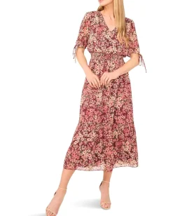 Women CeCe V-neck Tie Sleeve Smocked Waist Midi Dress