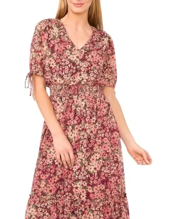 Women CeCe V-neck Tie Sleeve Smocked Waist Midi Dress